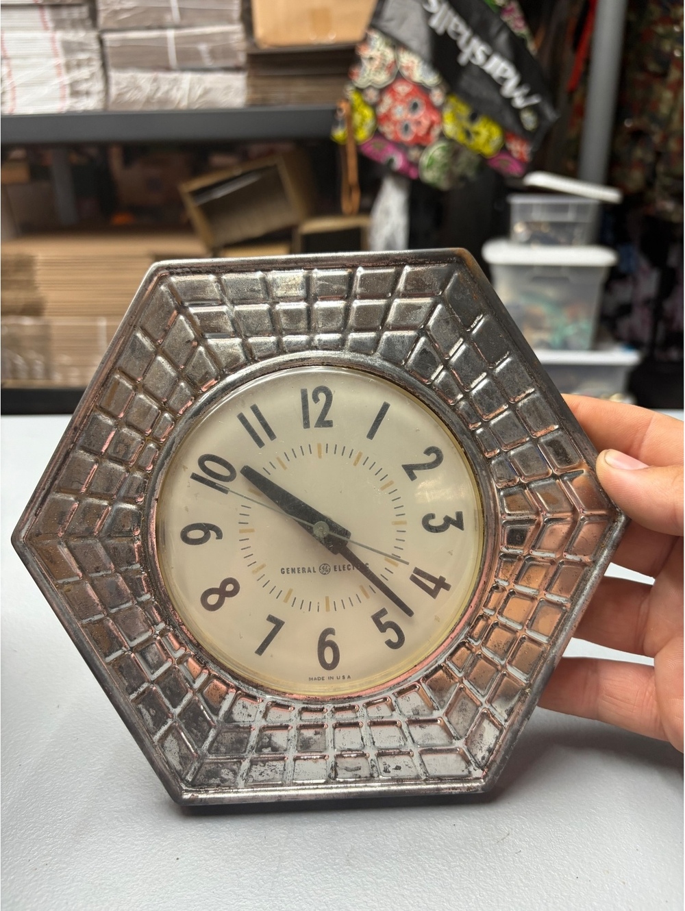 vintage General Electric (GE) Mosaic Tile Wall Clock, Model 2118A Chrome finish